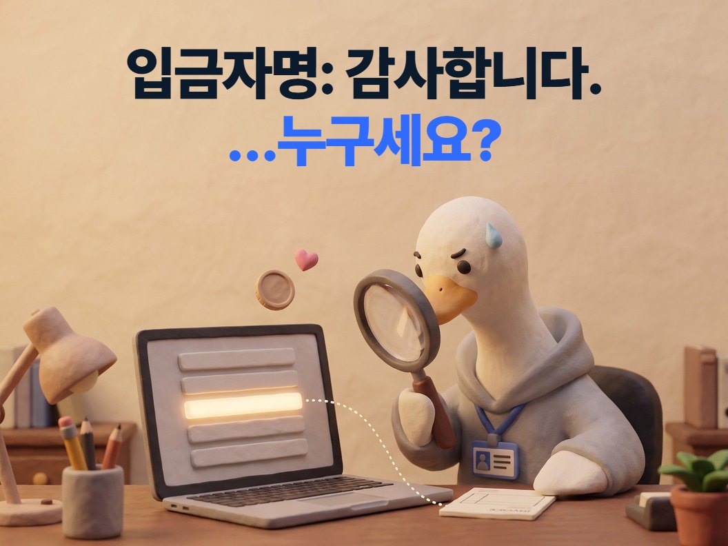 입금자명: 감사합니다. …누구세요? 돋보기로 입금 목록을 보는 구스, 빛나는 입금 한 줄이 청구서와 이어진다