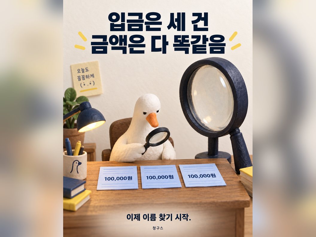 입금은 세 건, 금액은 다 똑같음. 이제 이름 찾기 시작.