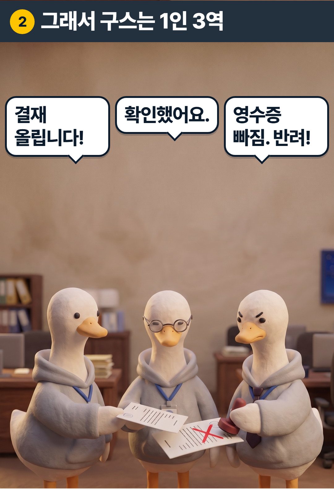 2컷. 그래서 구스는 1인 3역. 구스①: 결재 올립니다! 구스②: 확인했어요. 구스③: 영수증 빠짐. 반려!