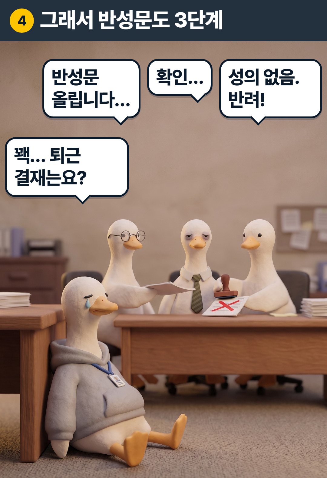 4컷. 그래서 반성문도 3단계. 구스①: 반성문 올립니다… 구스②: 확인… 구스③: 성의 없음. 반려! 구스: 꽥… 퇴근은 누가 결재해요?