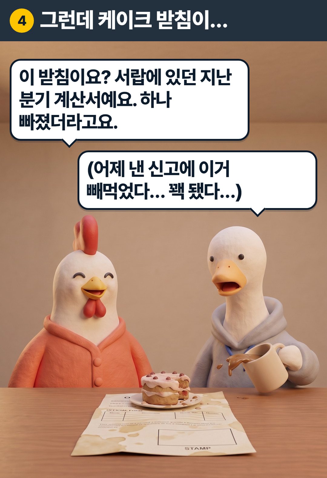 4컷. 그런데 케이크 받침이… 닭 대리: 이 받침이요? 서랍에 있던 지난 분기 계산서예요. 하나 빠졌더라고요. 구스: (어제 낸 신고에 이거 빼먹었다… 꽥 됐다…)
